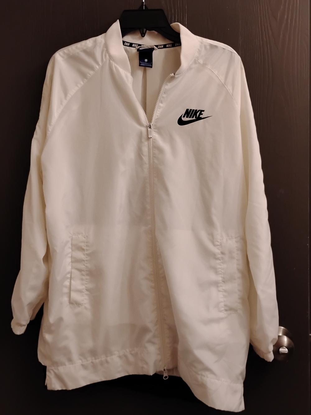 Nike Women's Large White Woven Bomber Windbreaker Jacket Oversized Full Zip L